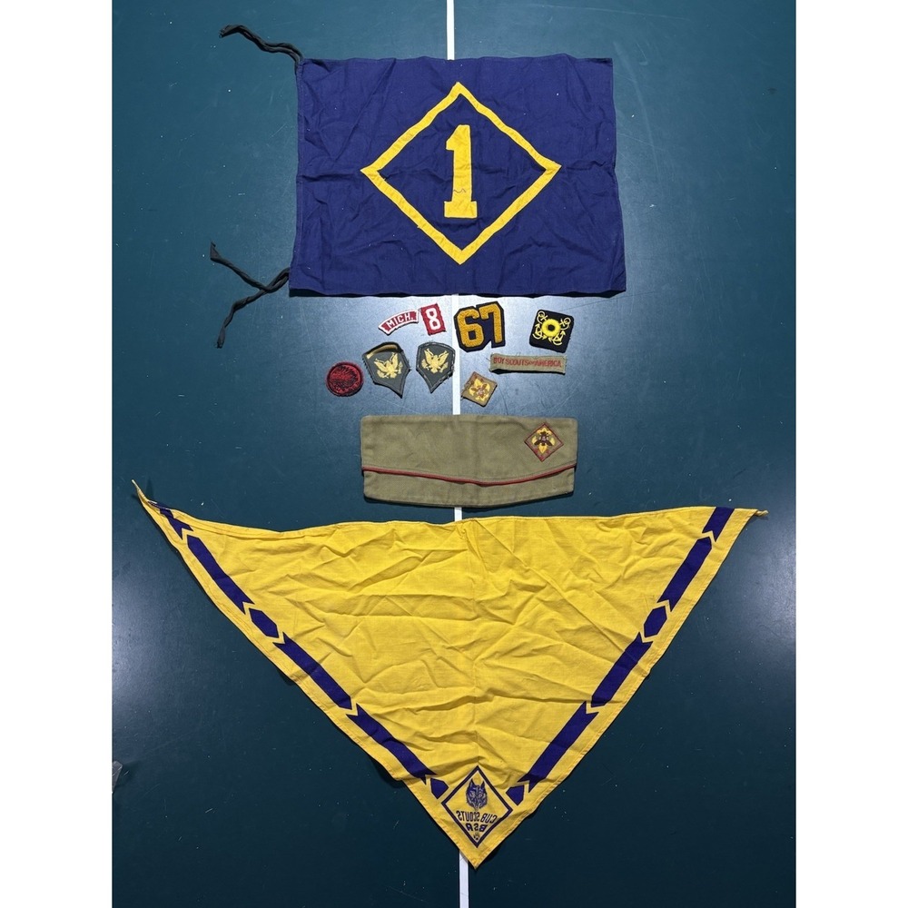 Vintage Boy Scouts Cub Scouts Garrison Cap Patches Handkerchief Memorabilia Lot